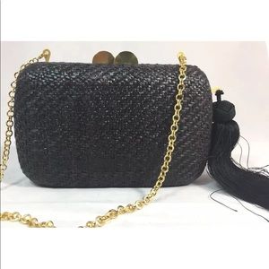 New Handmade Minaudière Clutch Black Woven Natural Fibre Tassel Gold Chain